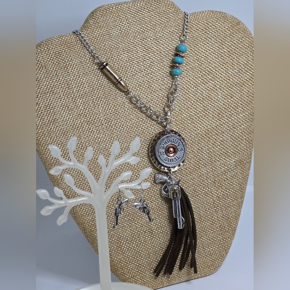 Earrings & Necklace SET 2nd Ammendment Revolver Shotgun Shell Statement tassel - Picture 2 of 4